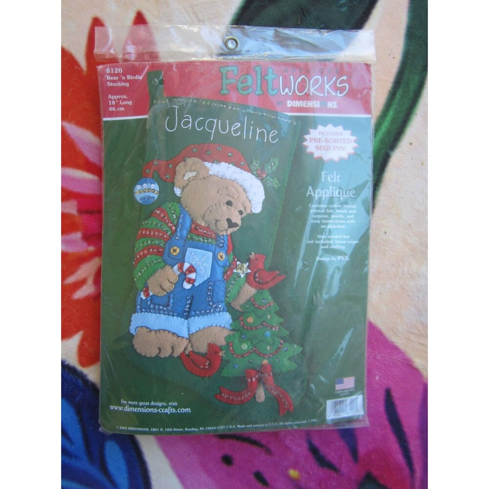 Dimensions Felt Works Bear 'n Birdie 18" Applique Stocking Kit Vintage NEW